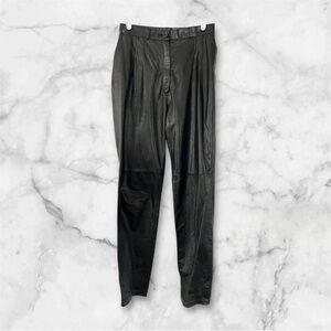 Vtg Oleg Cassini Womens Black Soft Leather Pleated Lined Skinny Leg Pants